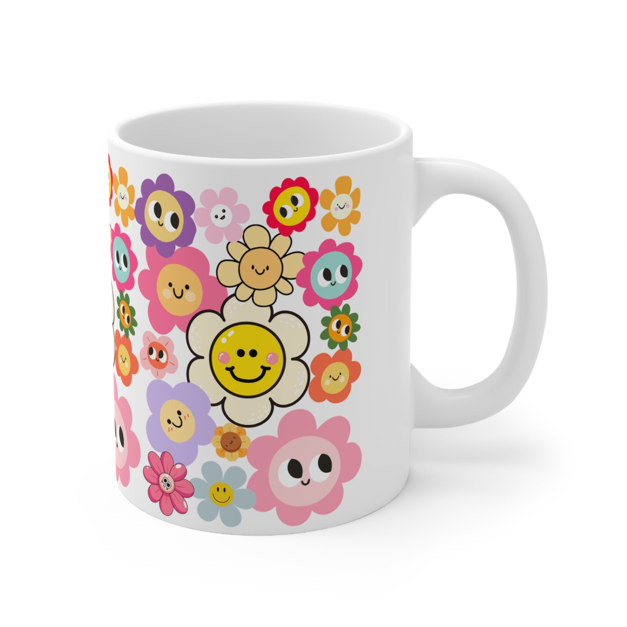 Happy Daisy Floral Coffee Mug — Cute Smiley Flower Pattern (11oz & 15oz)