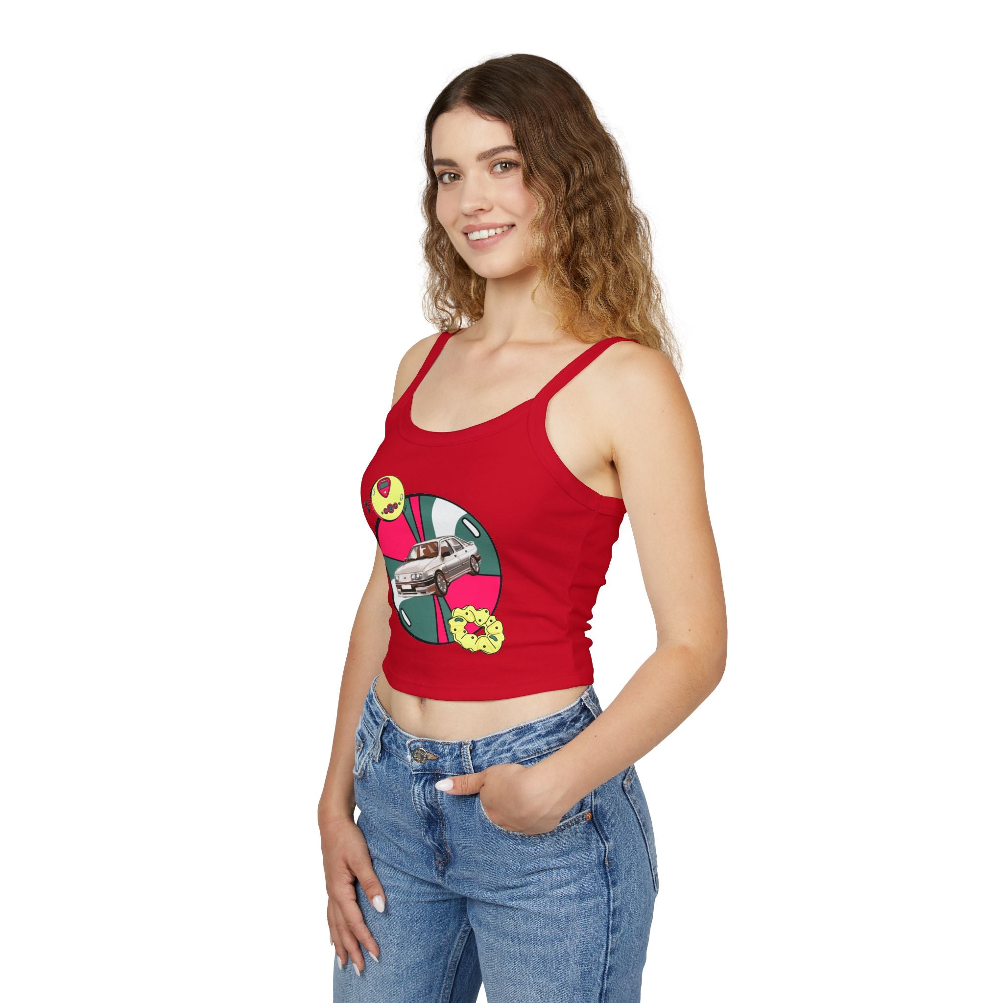 Retro Car Crop Tank Top — Vintage Sedan Graphic Spaghetti Strap Top
