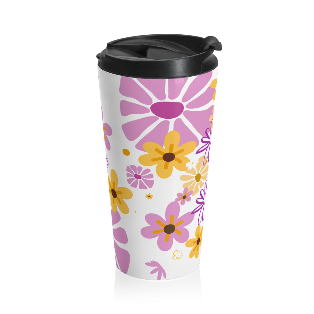 Floral Stainless Steel Travel Mug – Pink & Yellow Daisy Pattern