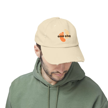 One Step Distressed Dad Hat — Retro Footprint Embroidered Cap