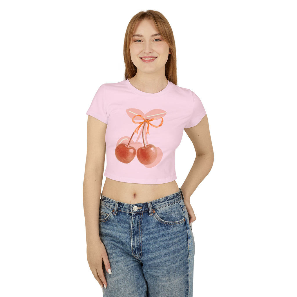 Cherry Bow Crop Tee — Cute Pink Watercolor Fruit Graphic Women's Baby Tee