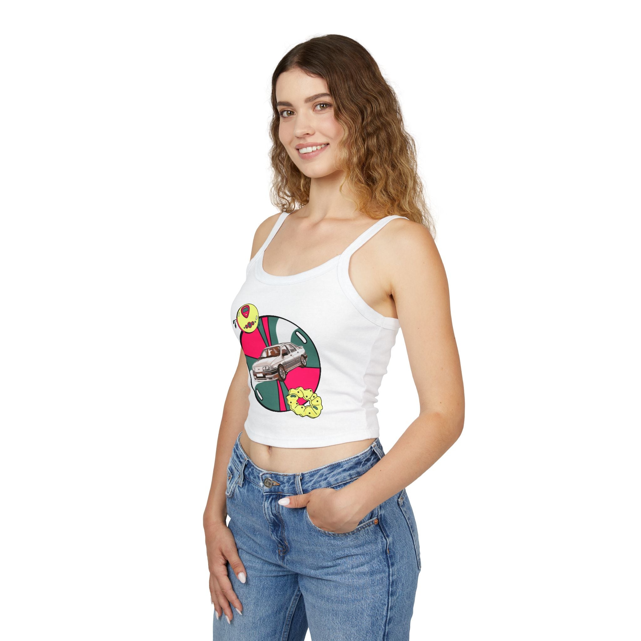 Retro Car Crop Tank Top — Vintage Sedan Graphic Spaghetti Strap Top