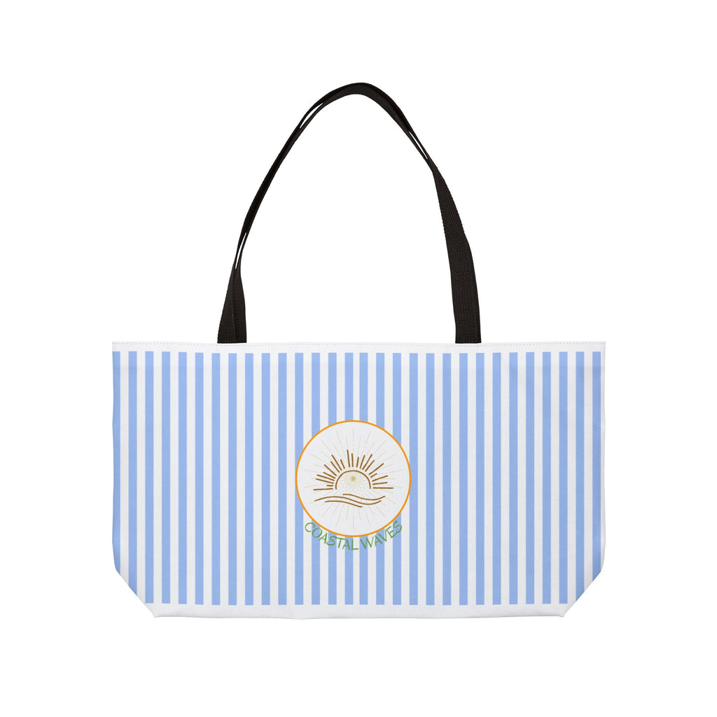 Weekender Tote Bag — Blue Striped Beach Tote with Sunrise Emblem