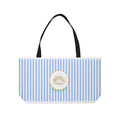 Weekender Tote Bag — Blue Striped Beach Tote with Sunrise Emblem
