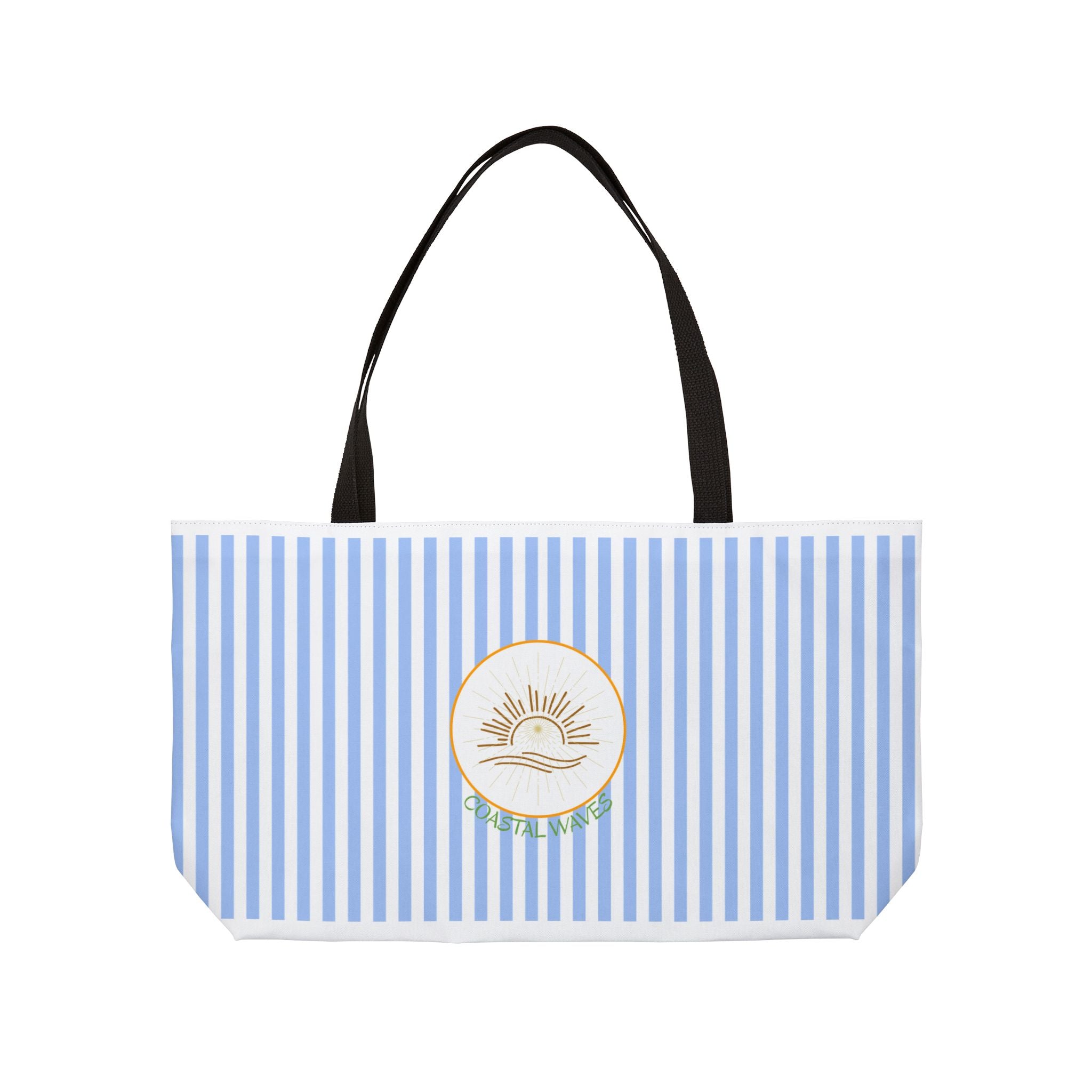 Weekender Tote Bag — Blue Striped Beach Tote with Sunrise Emblem
