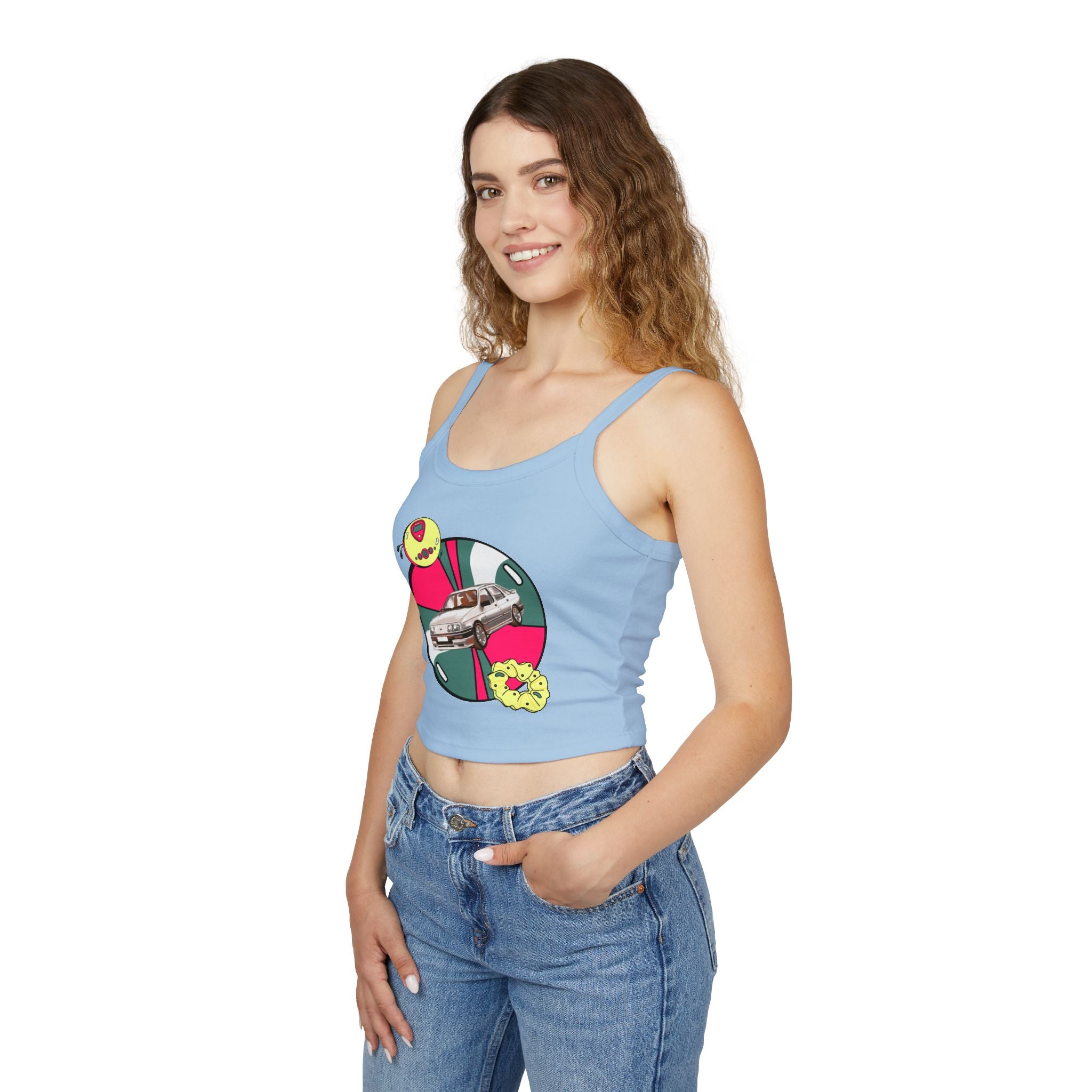 Retro Car Crop Tank Top — Vintage Sedan Graphic Spaghetti Strap Top