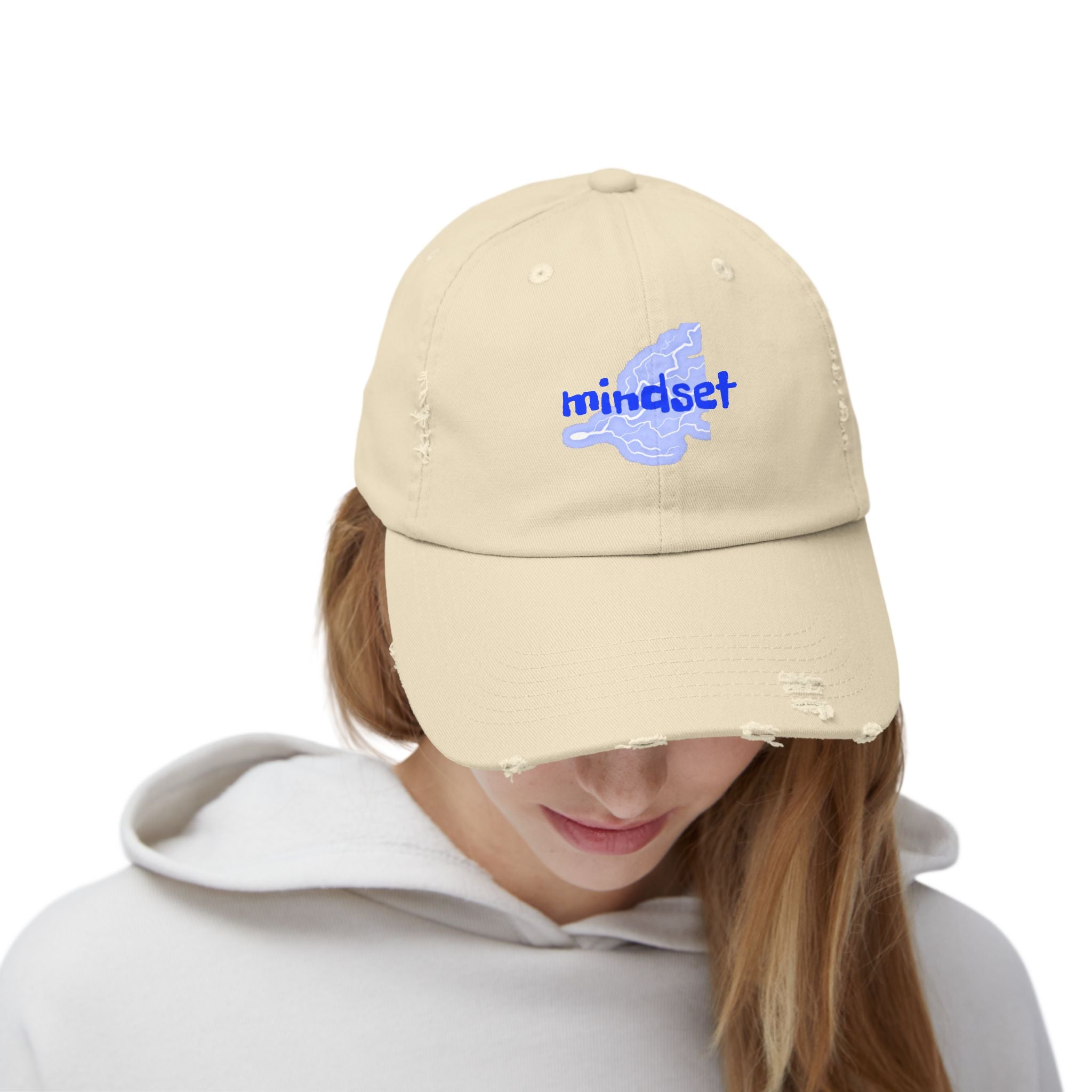 Mindset Distressed Baseball Cap – Washed Vintage Dad Hat with Blue Brain Graphic