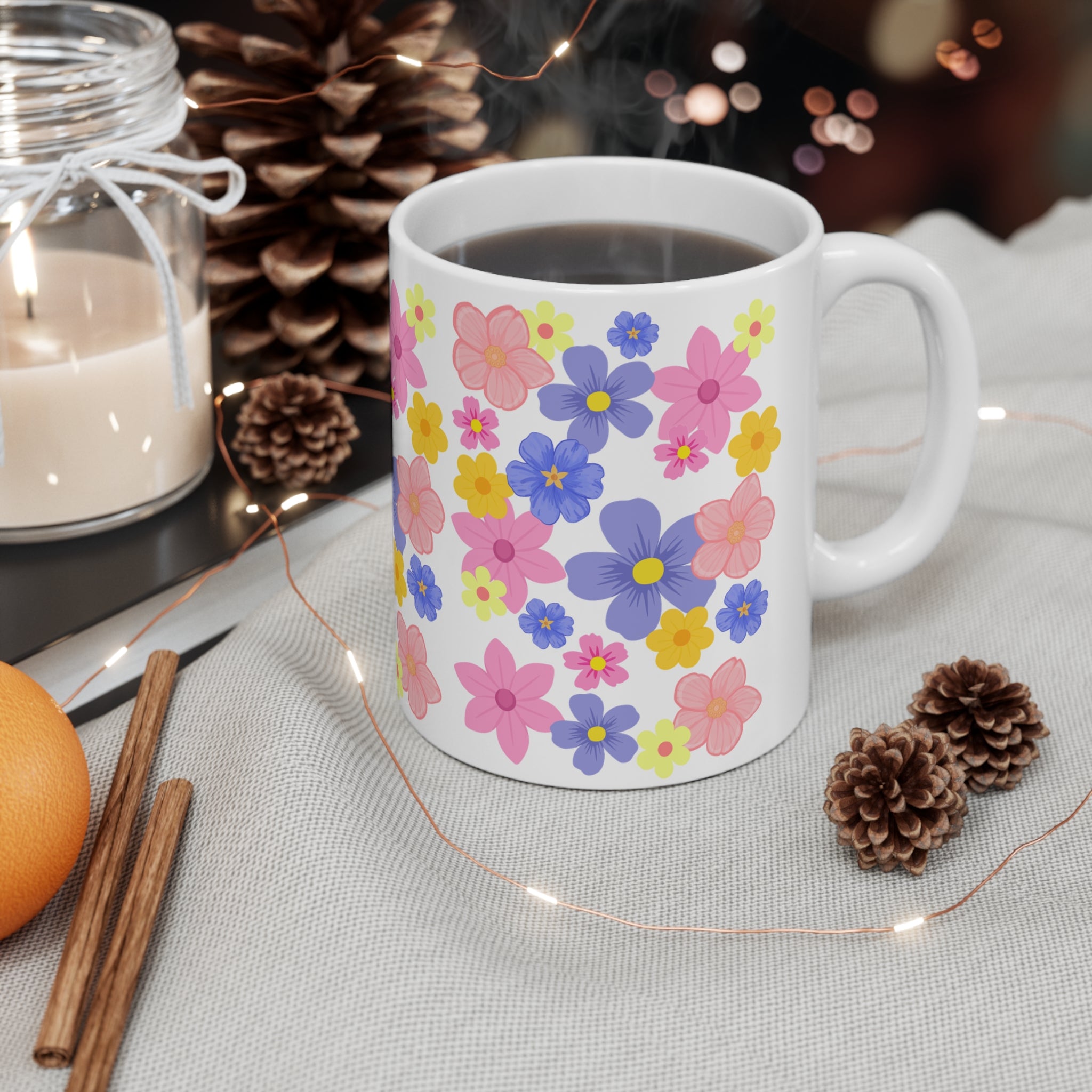 Floral Pattern Ceramic Mug — Colorful Spring Flowers Coffee Cup (11oz & 15oz)