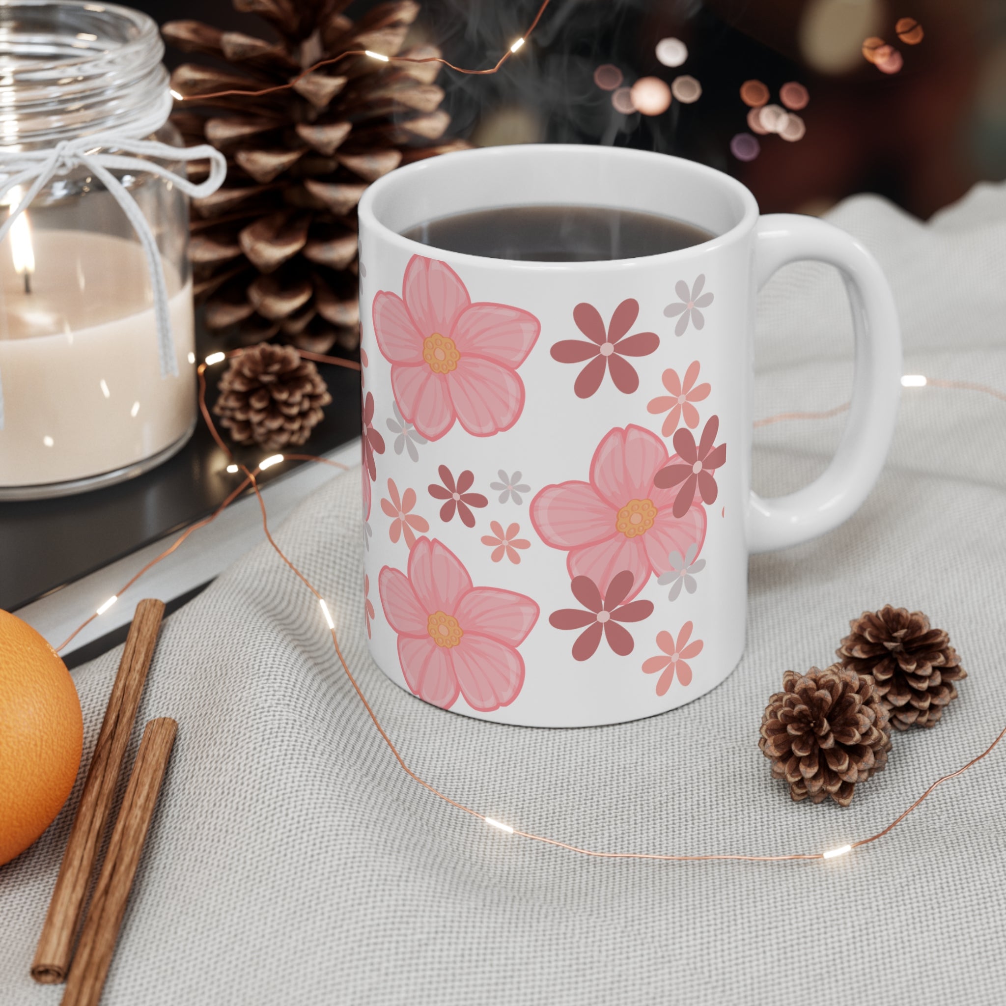 Pink Floral Ceramic Coffee Mug — Cute Flower Pattern, 11oz & 15oz
