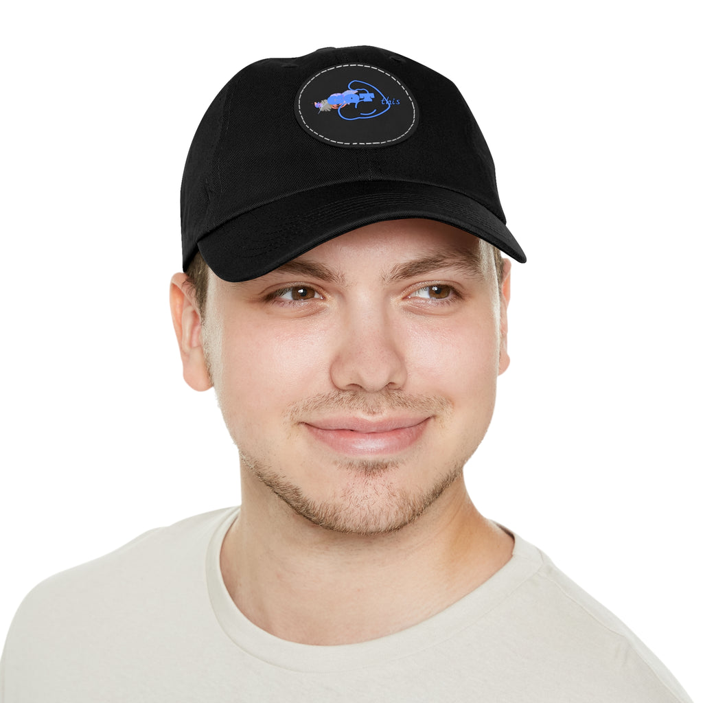 White Dad Hat with Round Leather Patch - Blue Abstract Fish Design
