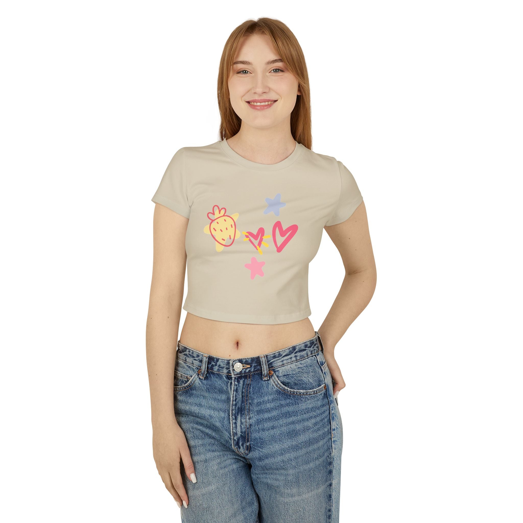 Cute Doodle Hearts & Pineapple Crop Tee — Women's Baby Tee