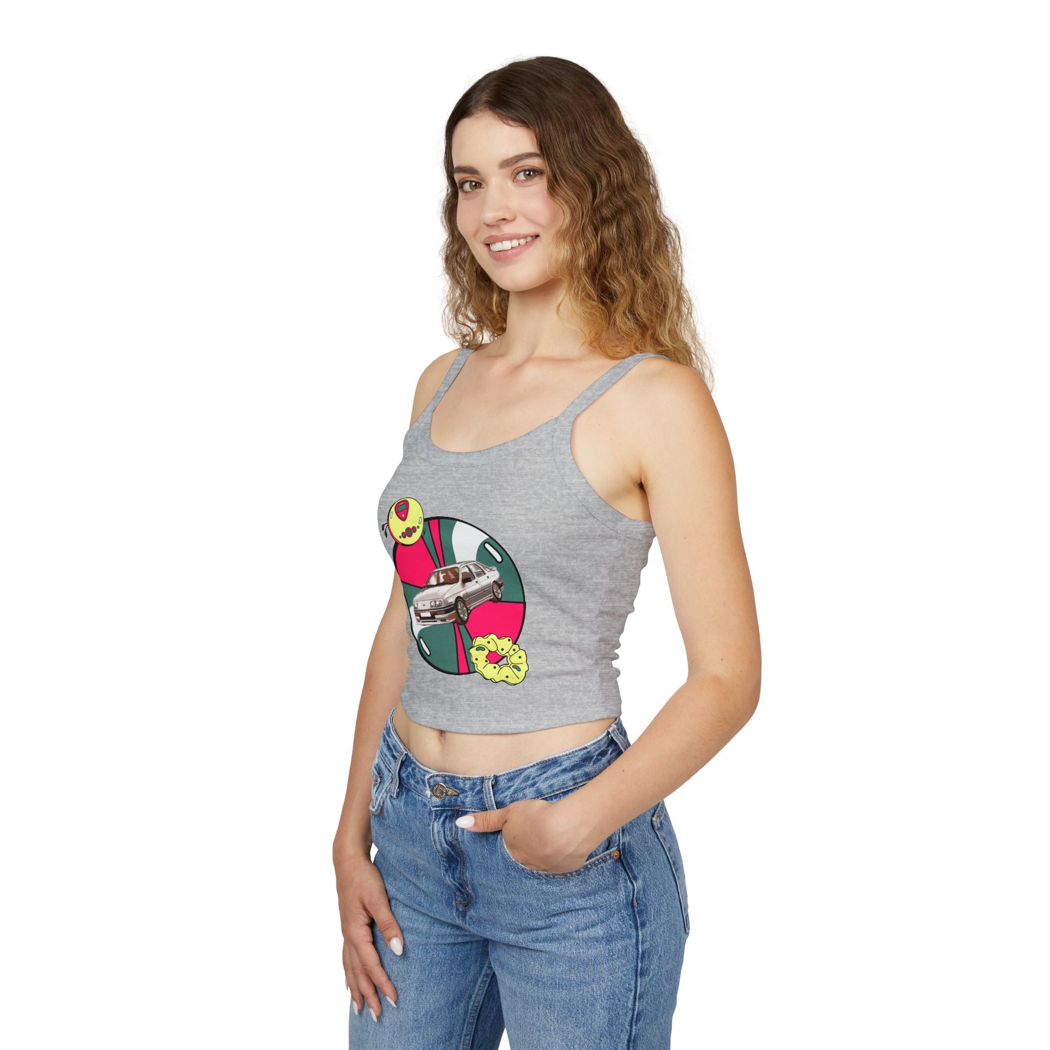 Retro Car Crop Tank Top — Vintage Sedan Graphic Spaghetti Strap Top