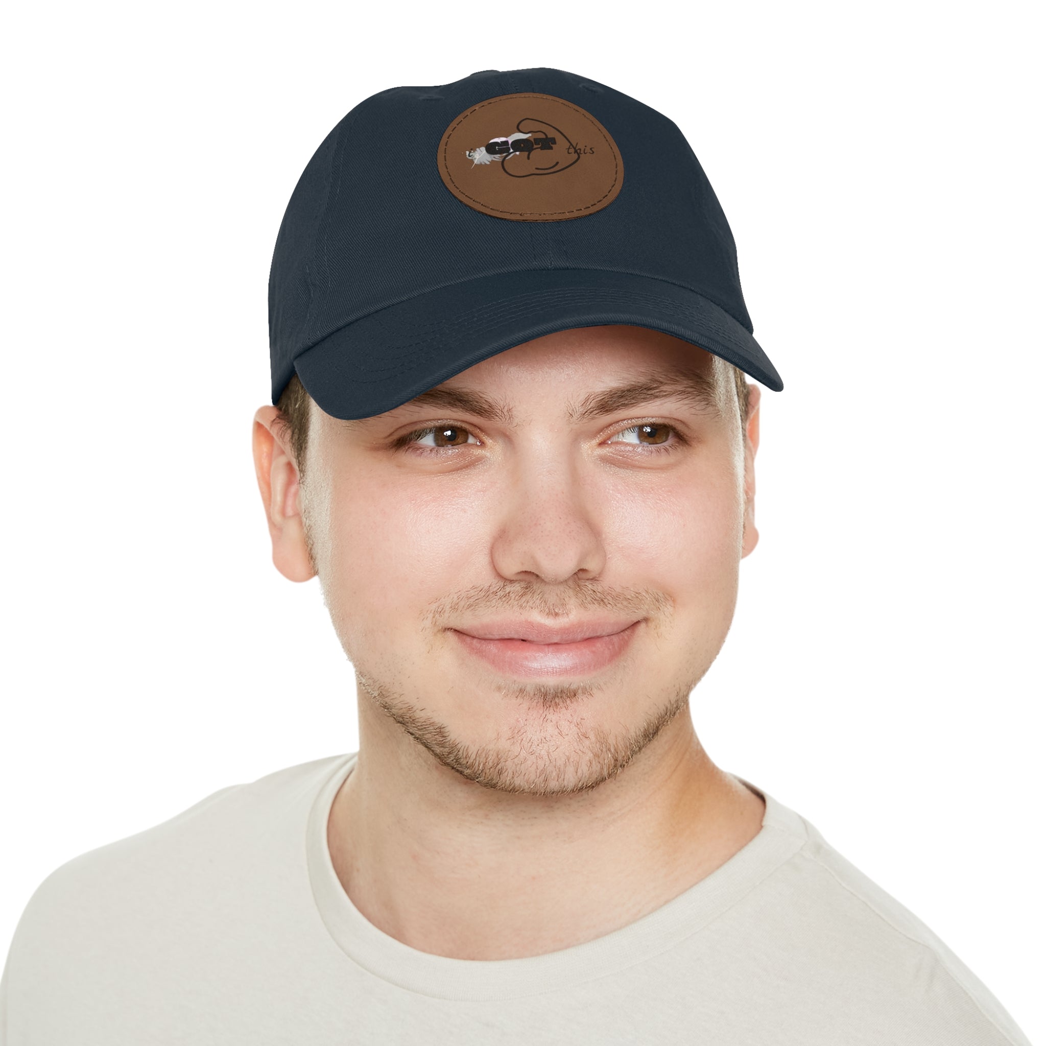 White Dad Hat with Round Leather Patch - Blue Abstract Fish Design