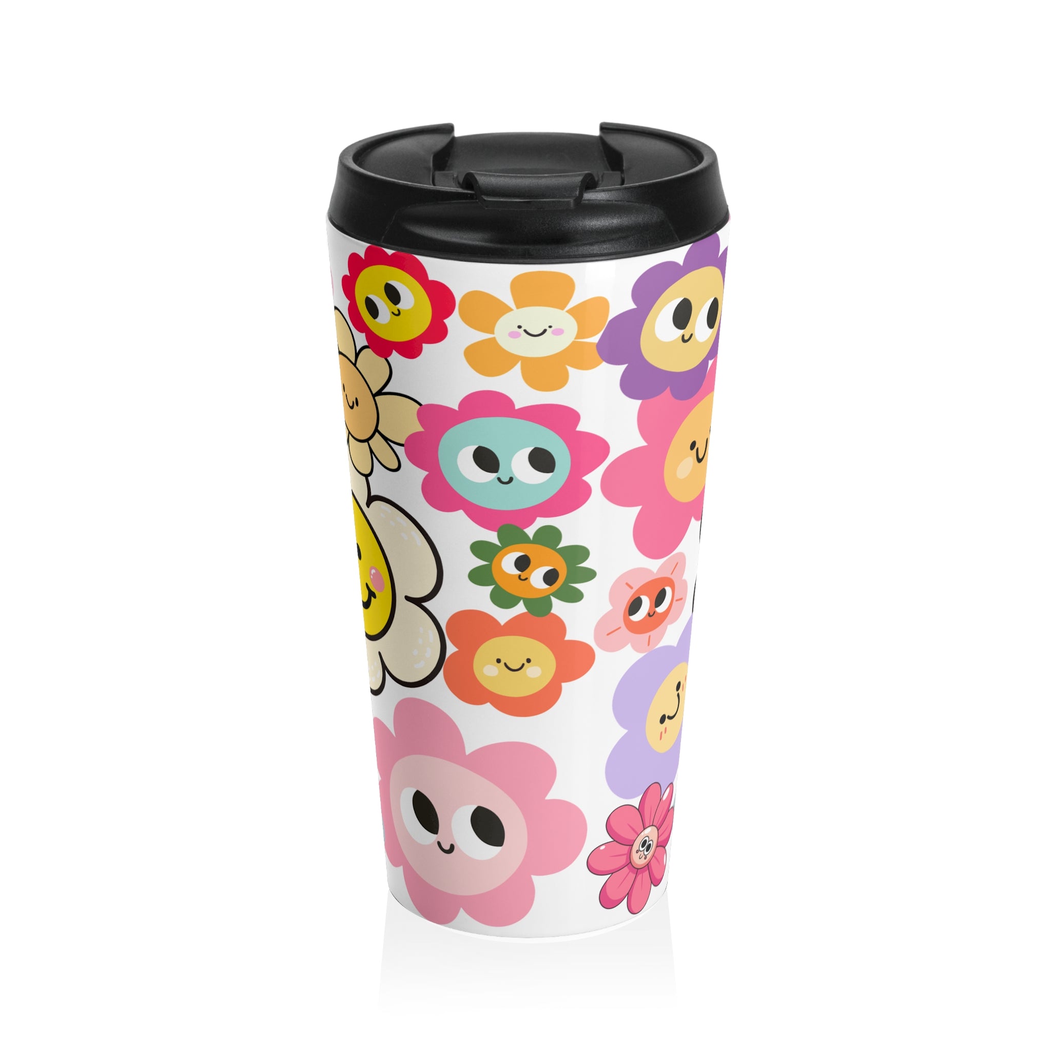 Happy Flower Faces Stainless Steel Travel Mug — Colorful Cute Floral Tumbler