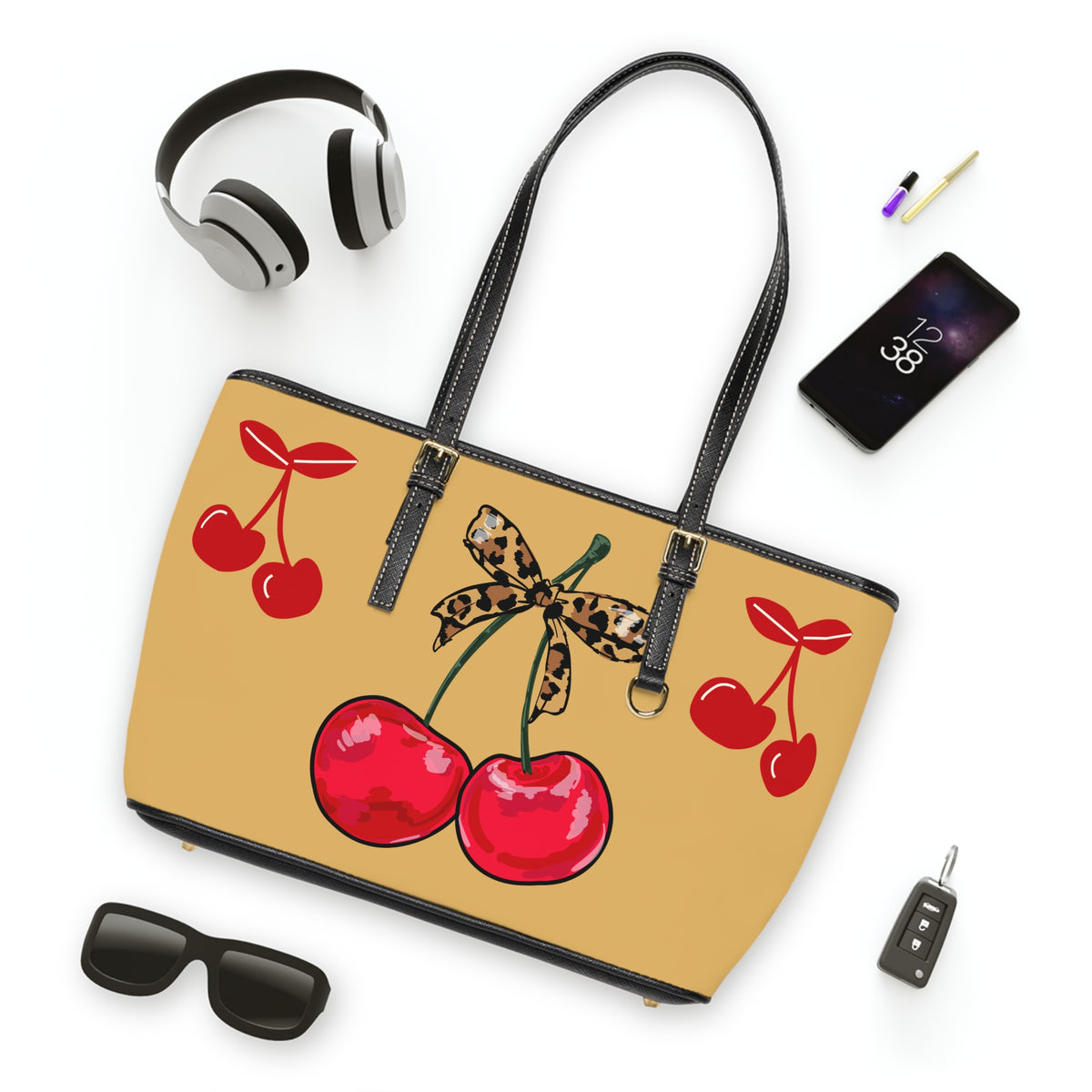 Cherry Bow PU Shoulder Bag – Retro Red Cherries with Leopard Bow Tote