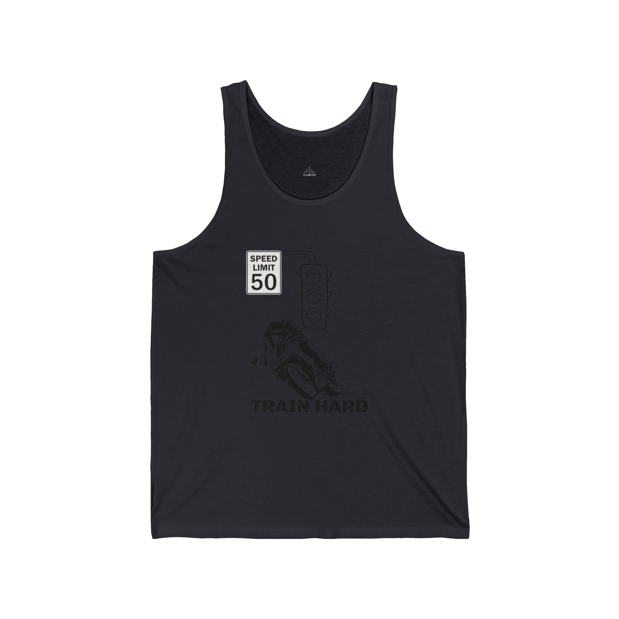 Train Hard Racerback Tank Top – Running Wolf Graphic, Speed Limit 50