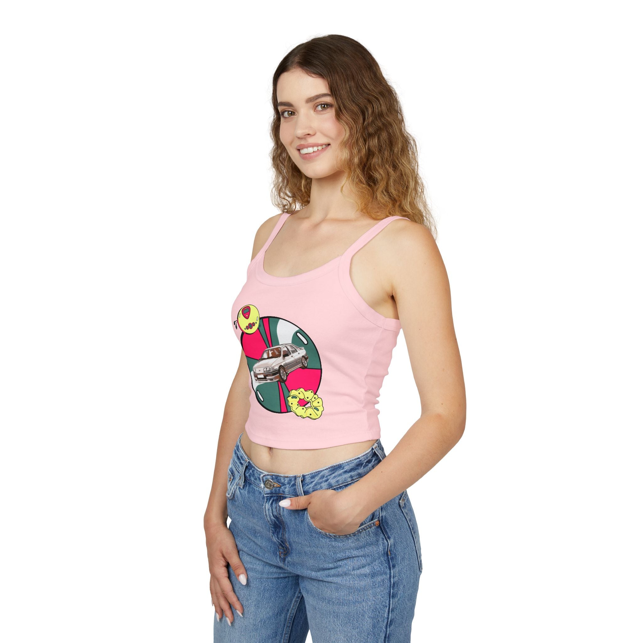 Retro Car Crop Tank Top — Vintage Sedan Graphic Spaghetti Strap Top