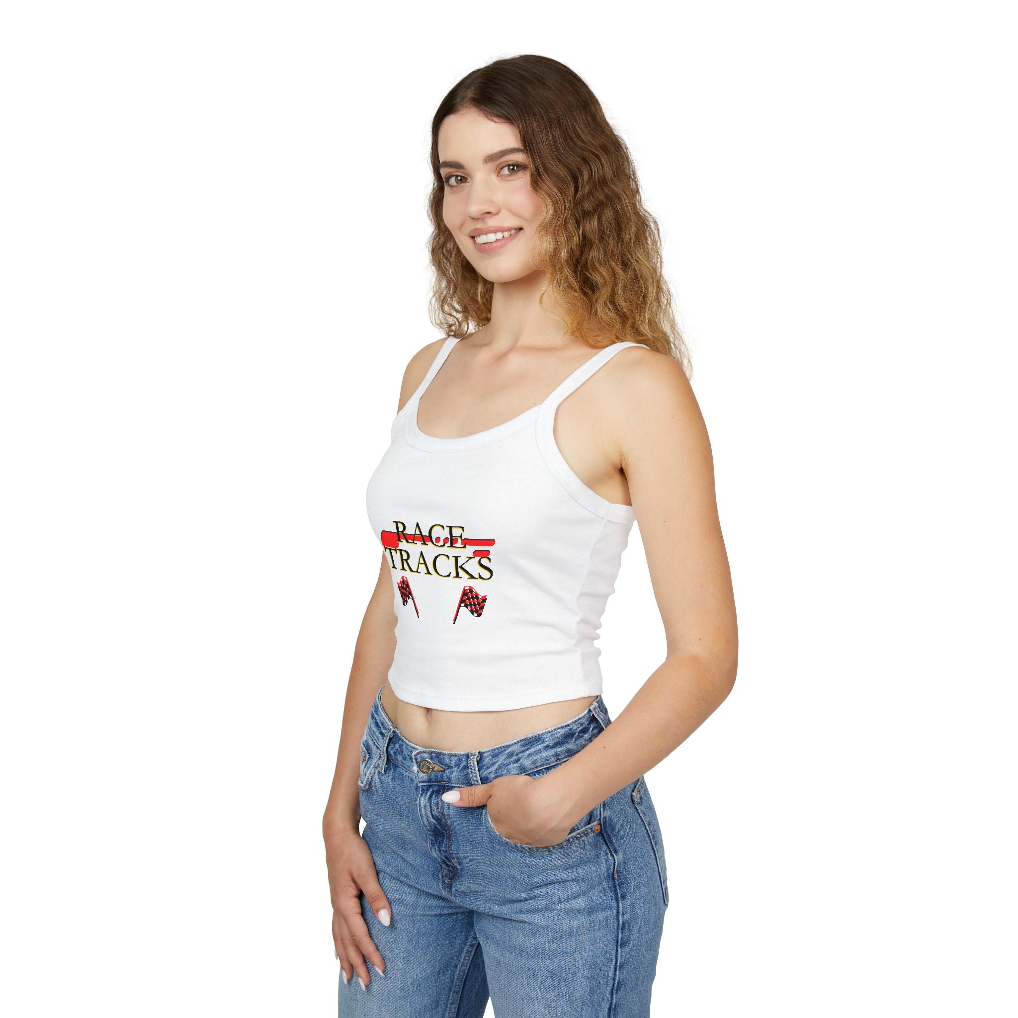 Race Tracks Crop Tank Top — Racing Flag Graphic Womens Spaghetti Strap Tank
