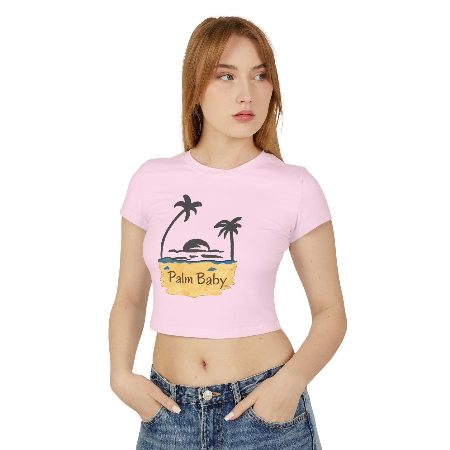 Palm Baby Women's Baby Tee — Tropical Palm Tree Sunset Crop Top