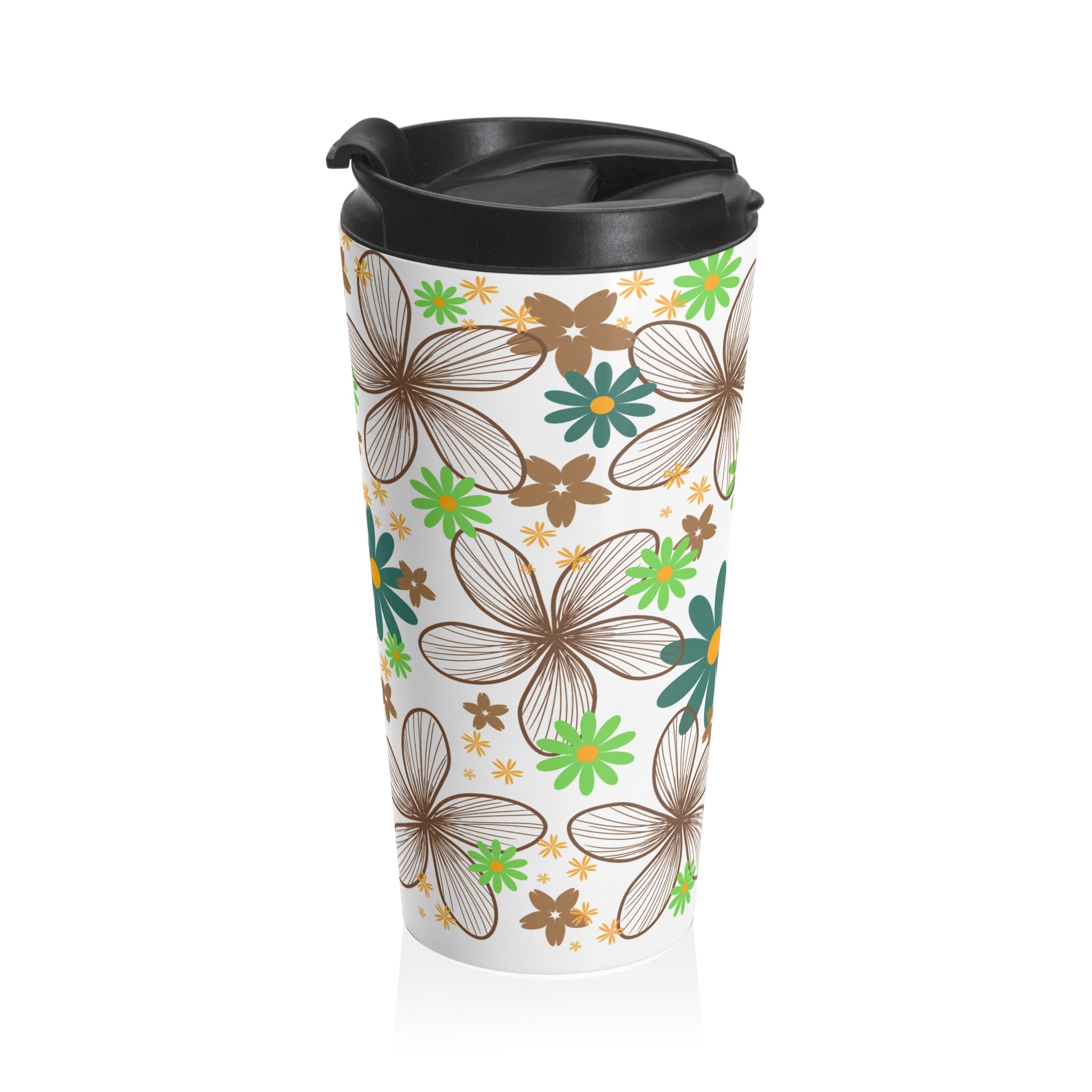 Floral Stainless Steel Travel Mug — Green & Brown Retro Flower Pattern