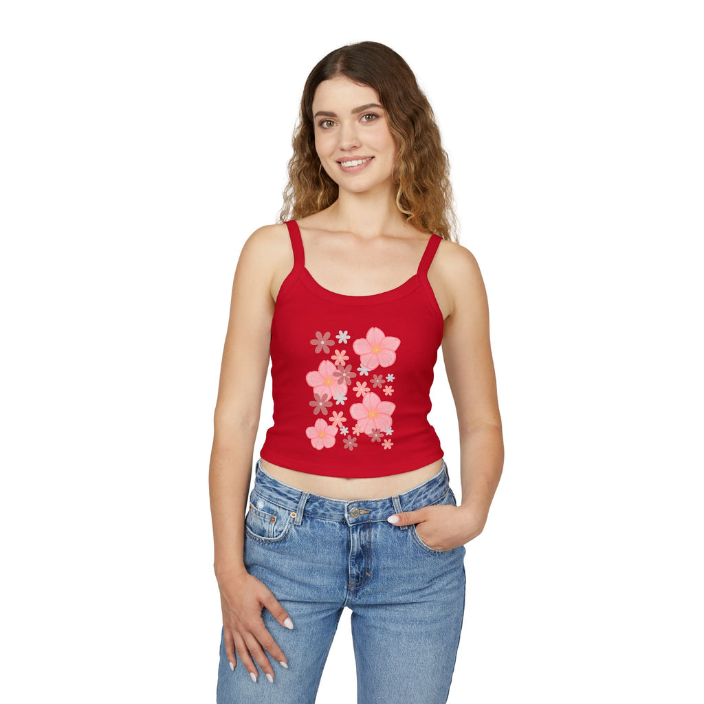 Floral Bloom Spaghetti Strap Tank — Pink Retro Flower Graphic