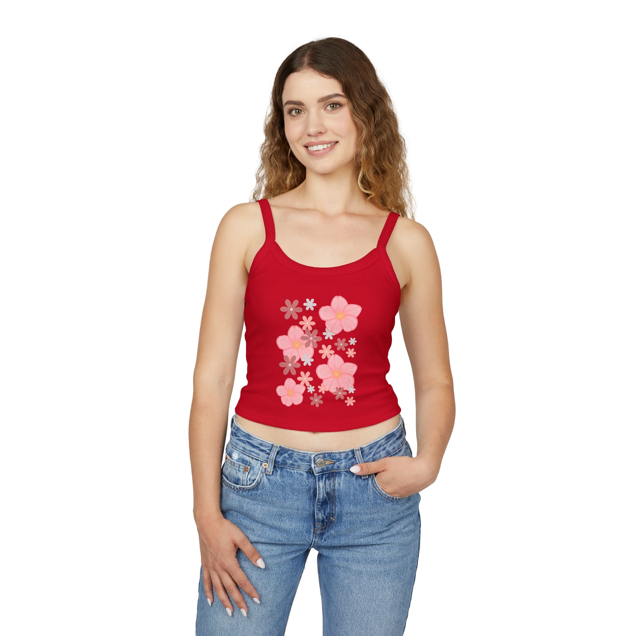Floral Bloom Spaghetti Strap Tank — Pink Retro Flower Graphic