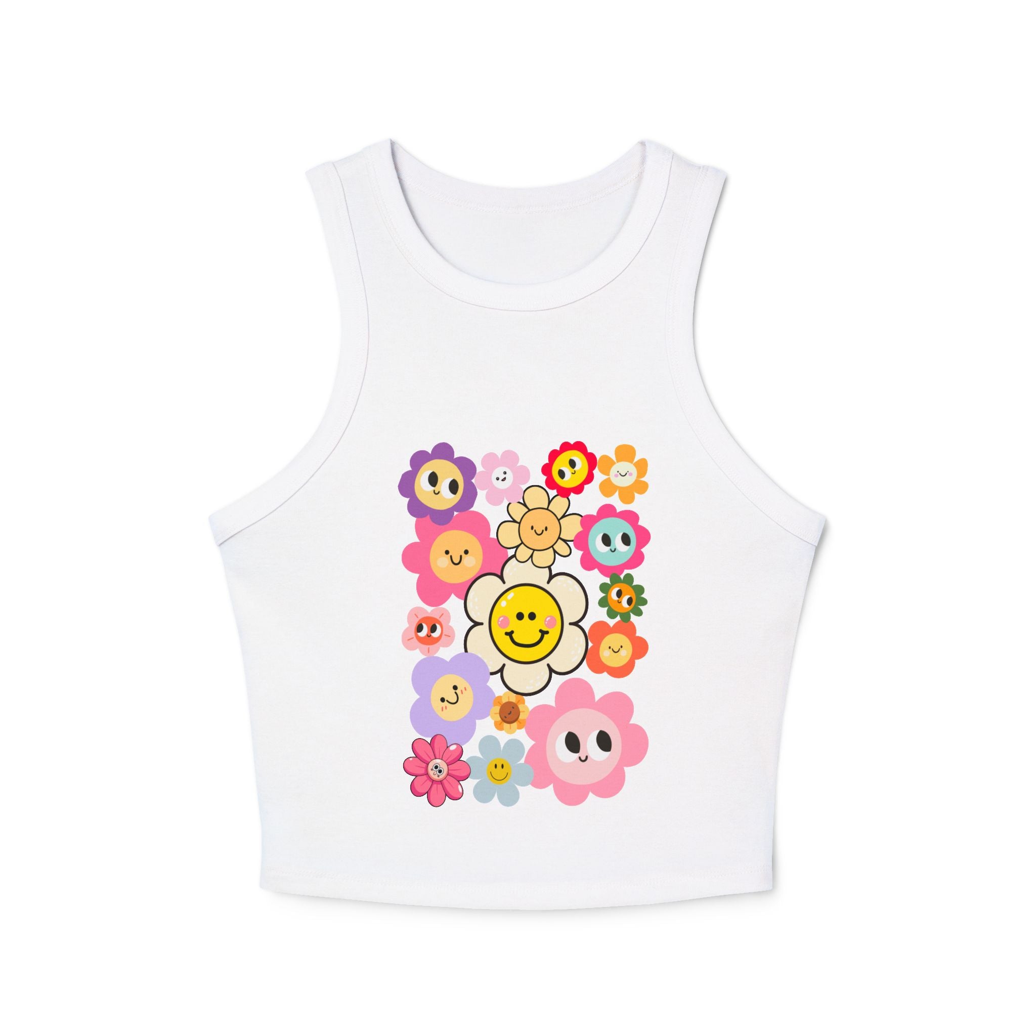 Smiley Flower Crop Tank — Cute Floral Smiley Graphic Racerback Tank