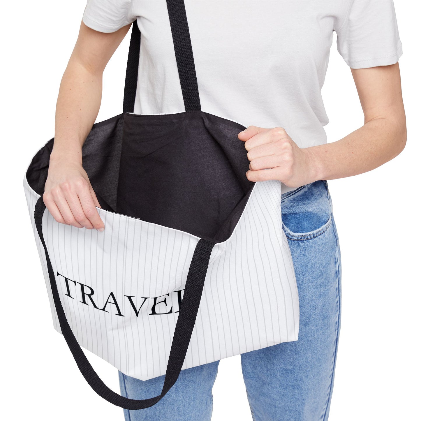 Travel Weekender Tote Bag — Striped Carryall with "TRAVEL" Script