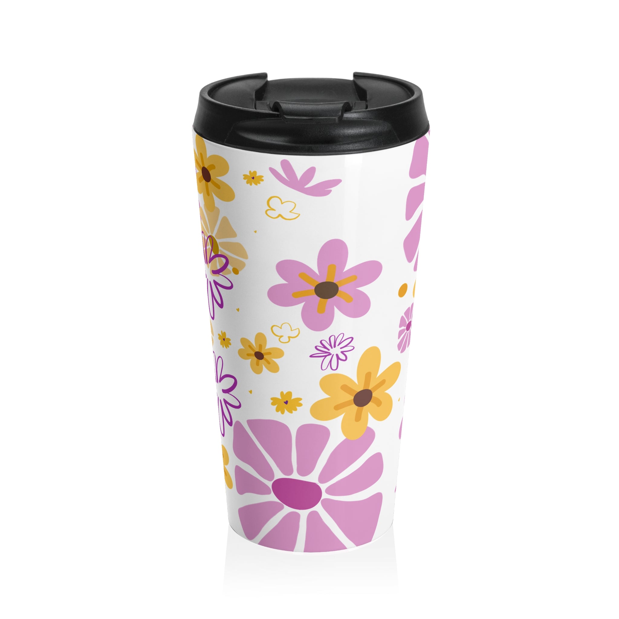 Floral Stainless Steel Travel Mug – Pink & Yellow Daisy Pattern