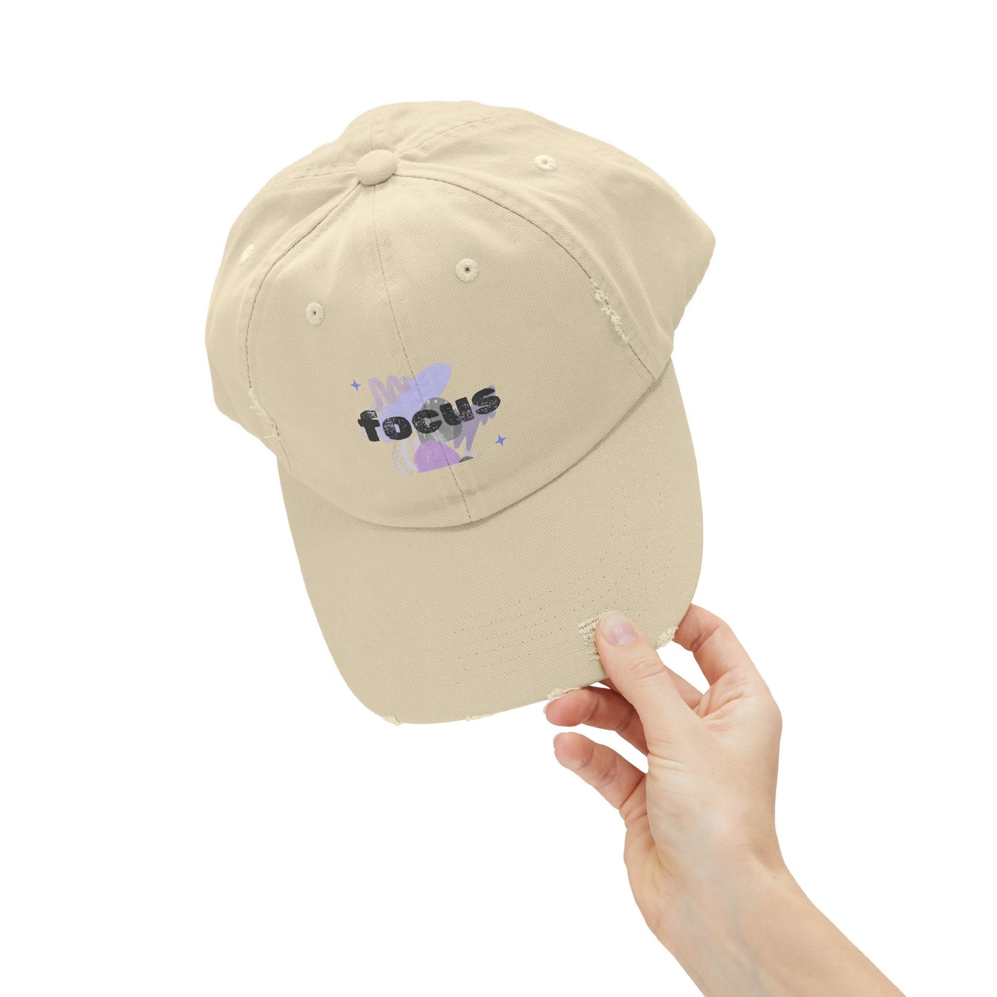 Focus Distressed Cap — Retro Pastel Graphic Baseball Hat
