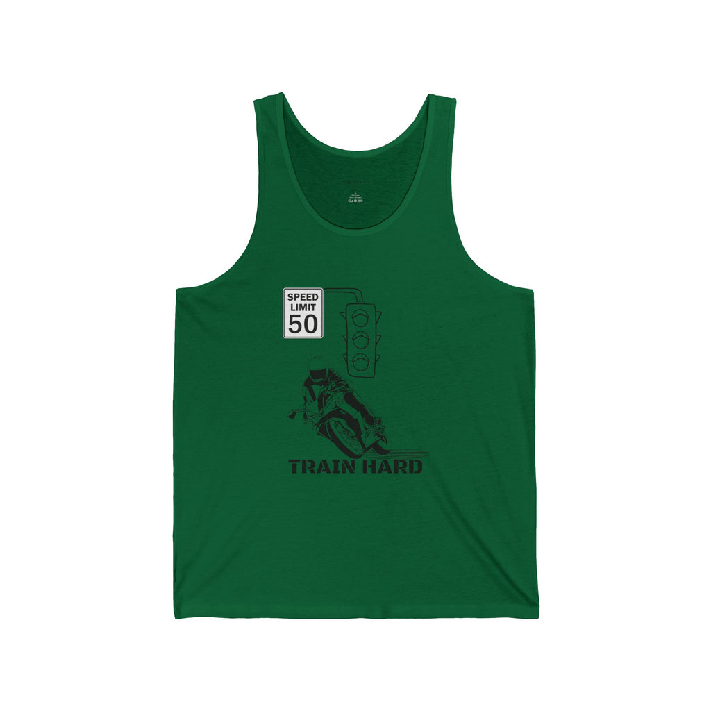 Train Hard Racerback Tank Top – Running Wolf Graphic, Speed Limit 50