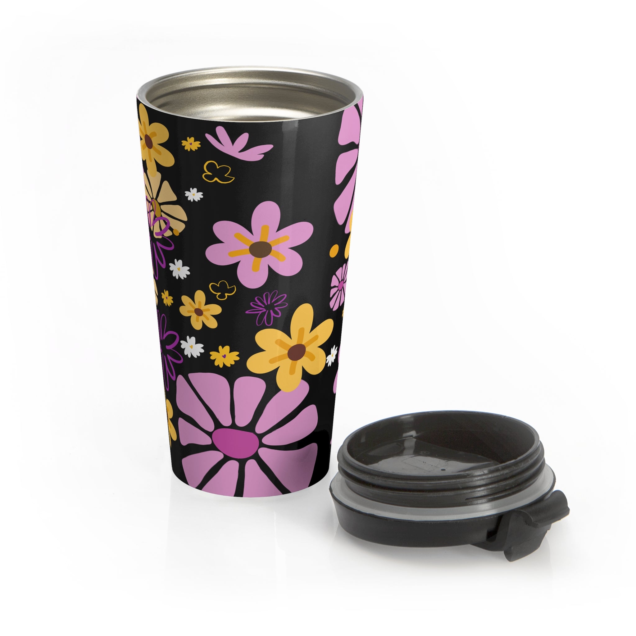 Floral Retro Stainless Steel Travel Mug – Pink & Yellow Daisies on Black