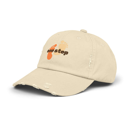 One Step Distressed Dad Hat — Retro Footprint Embroidered Cap