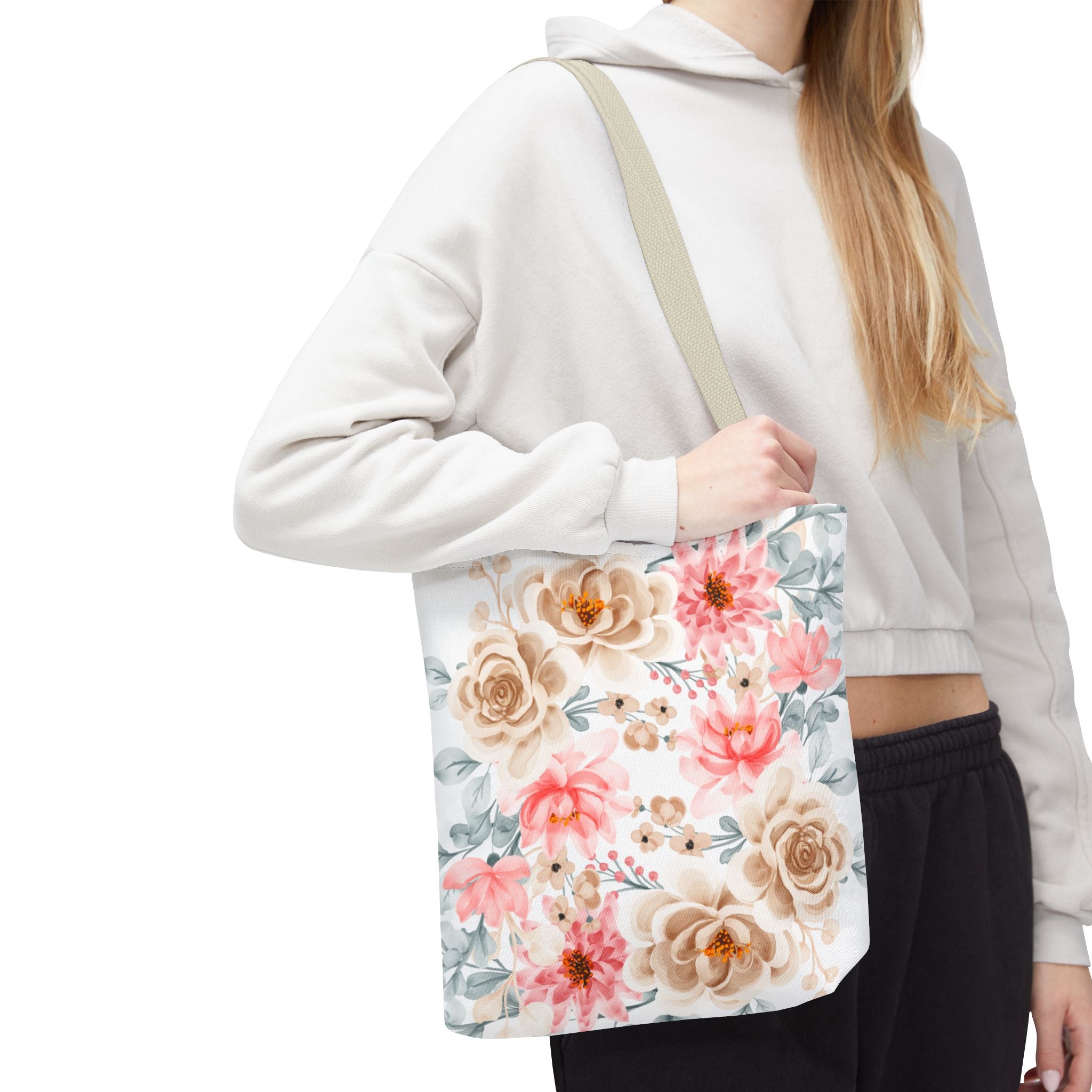 Floral Watercolor Tote Bag — Pink & Beige Garden Roses All-Over Print