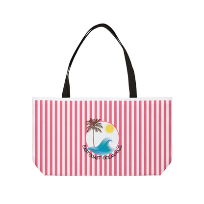 Weekender Tote Bag — Pink Striped Beach Tote with Palm Tree & 'Goodbye Oceans' Graphic