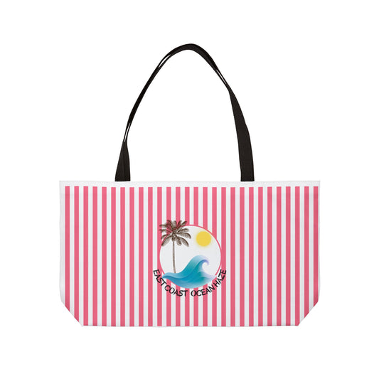 Weekender Tote Bag — Pink Striped Beach Tote with Palm Tree & 'Goodbye Oceans' Graphic