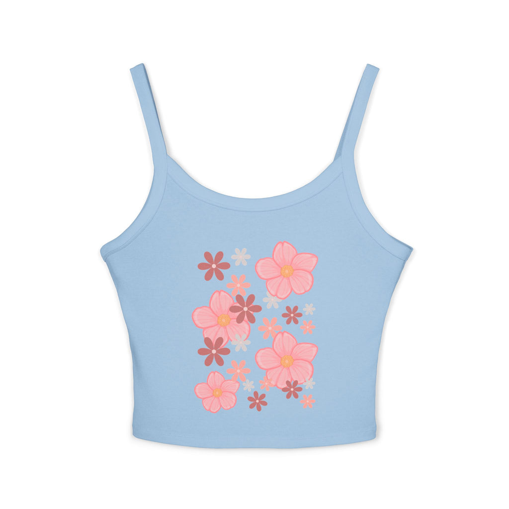 Floral Bloom Spaghetti Strap Tank — Pink Retro Flower Graphic