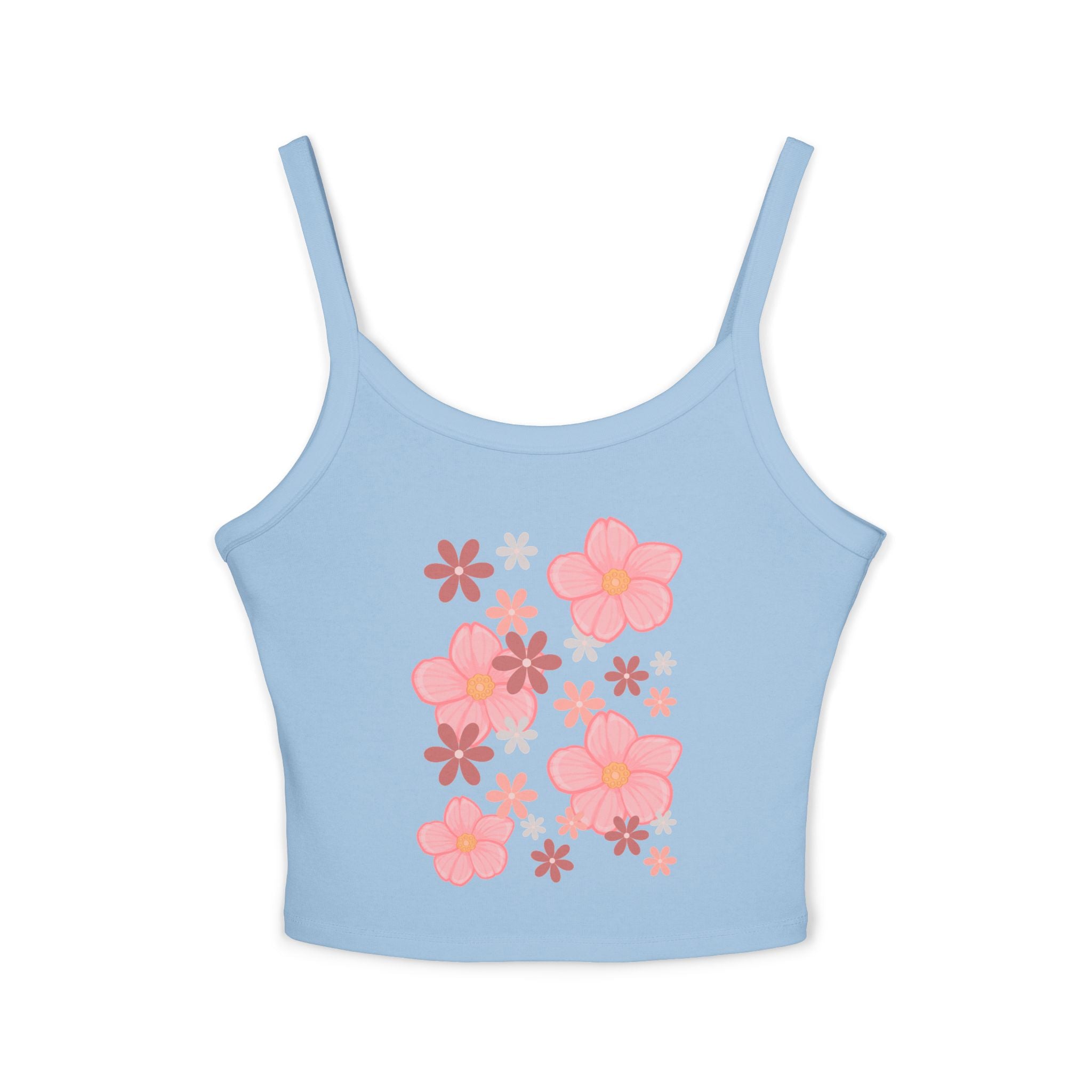 Floral Bloom Spaghetti Strap Tank — Pink Retro Flower Graphic