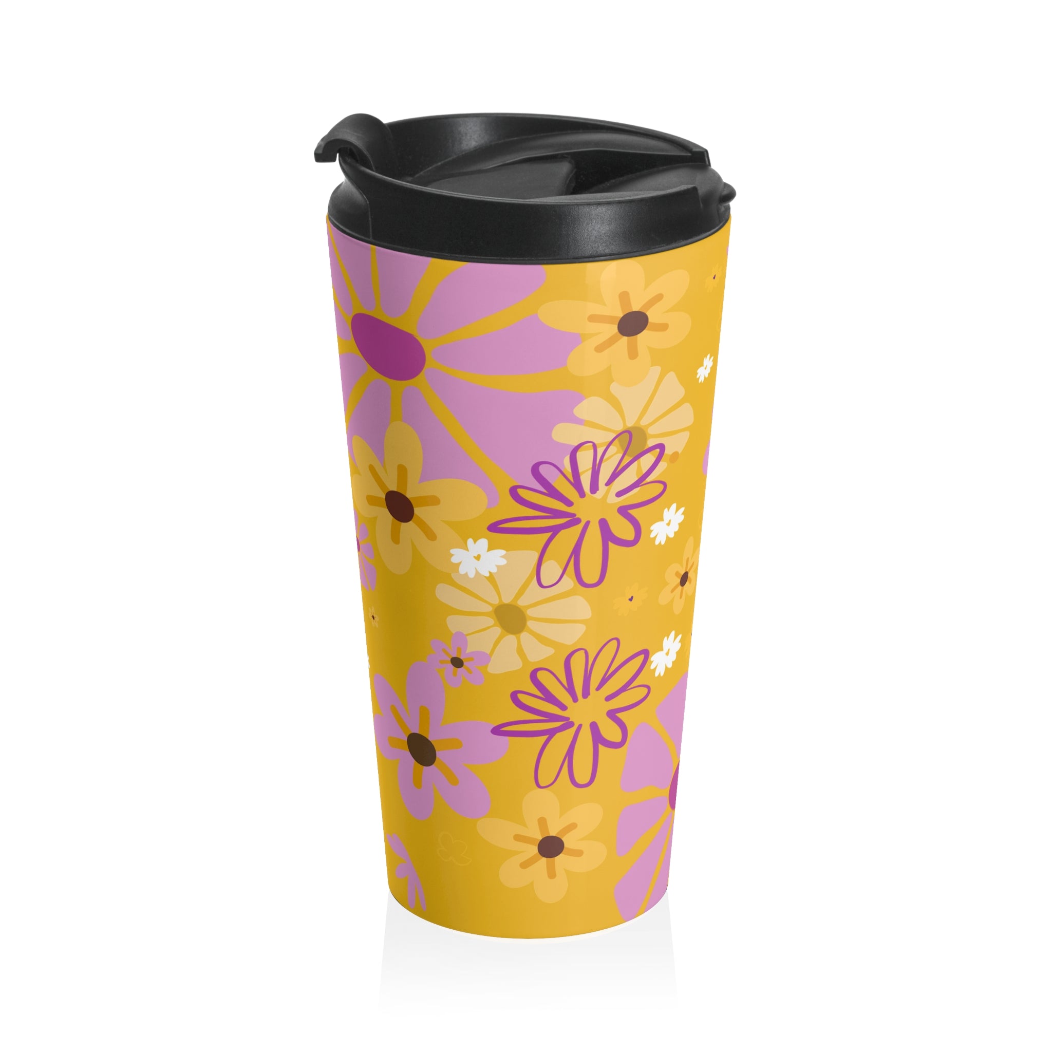 Floral Retro Travel Mug — Yellow Pink Daisy Stainless Steel Tumbler