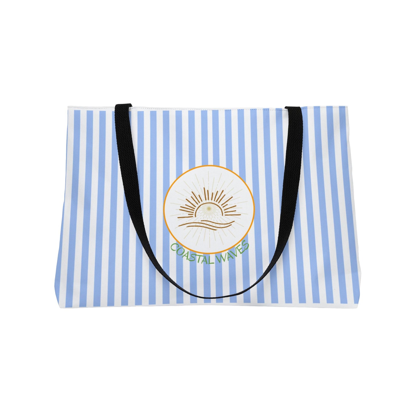 Weekender Tote Bag — Blue Striped Beach Tote with Sunrise Emblem