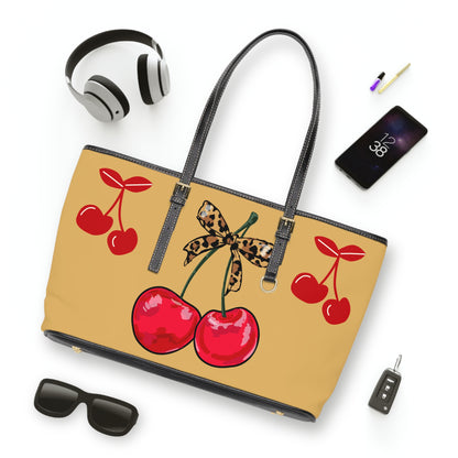 Cherry Bow PU Shoulder Bag – Retro Red Cherries with Leopard Bow Tote
