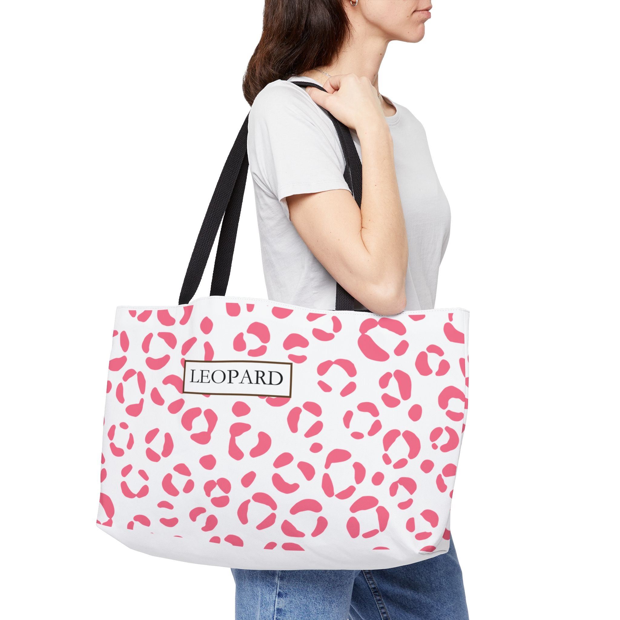 Pink Leopard Print Weekender Tote Bag — "LEOPARD" Pattern Travel Beach Bag