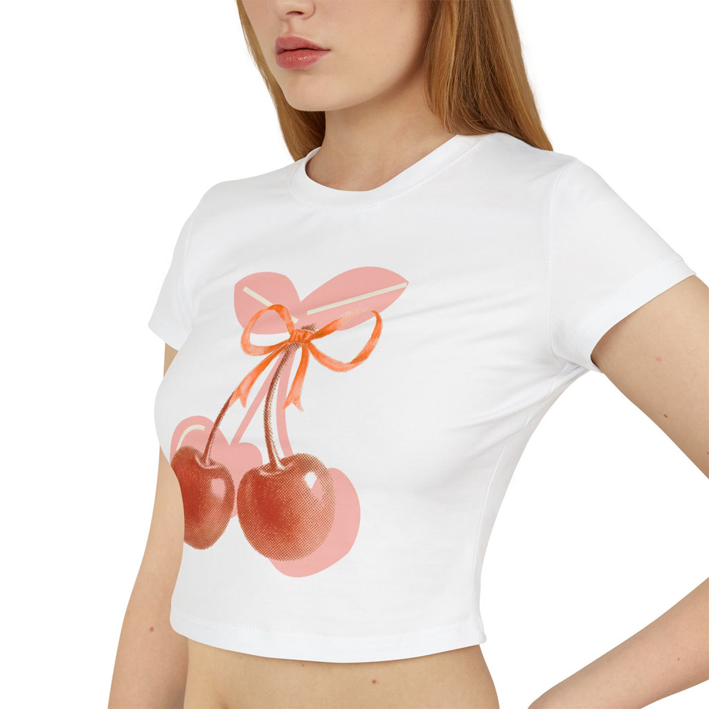 Cherry Bow Crop Tee — Cute Pink Watercolor Fruit Graphic Women's Baby Tee