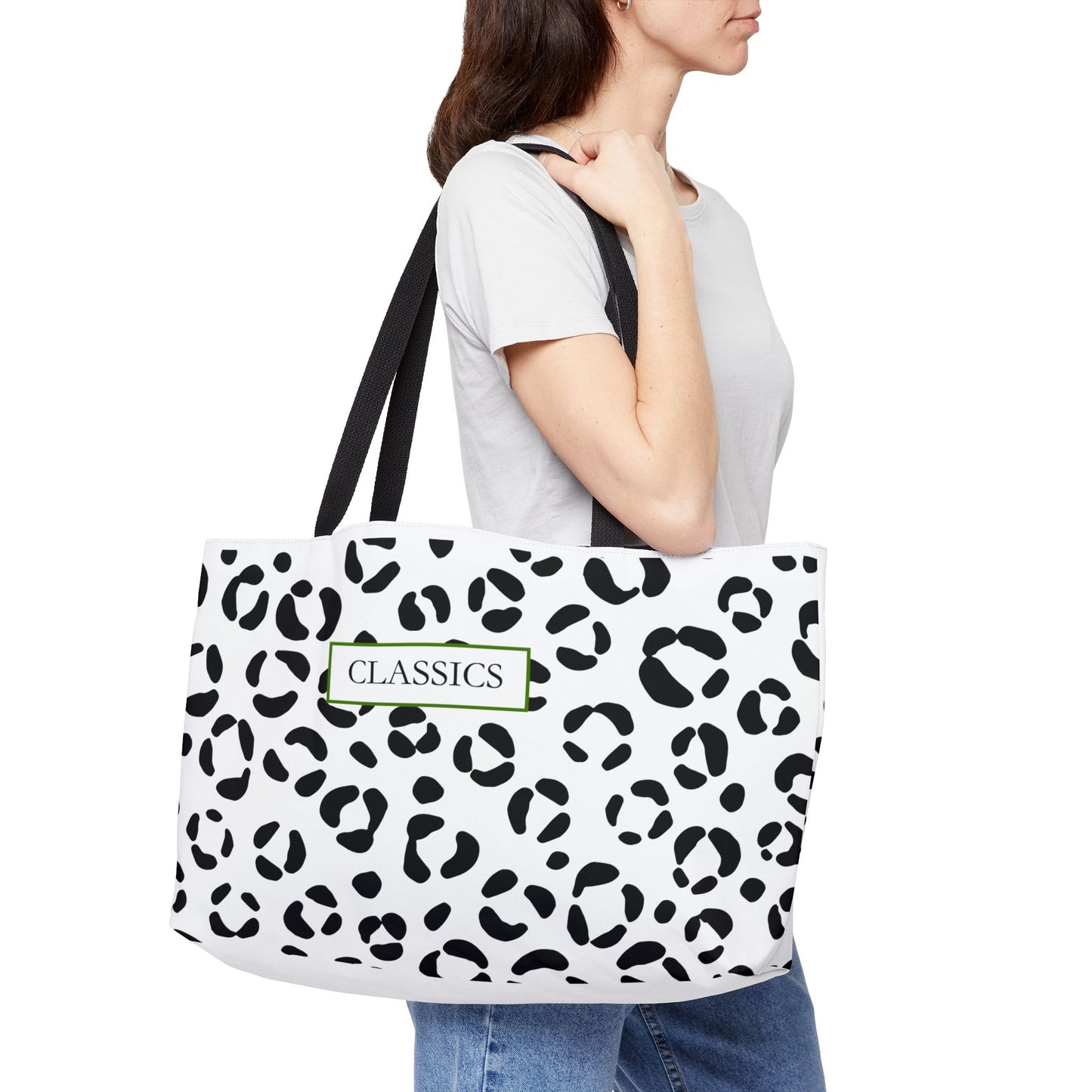 Classic Leopard Weekender Tote Bag — Black & White Animal Print Travel Bag