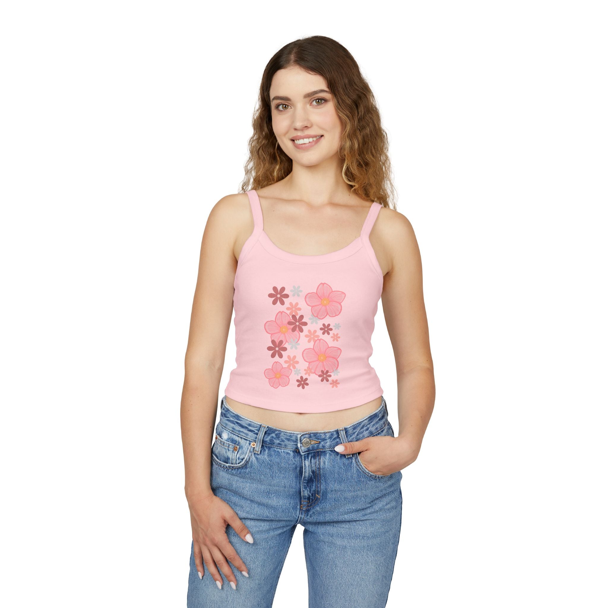 Floral Bloom Spaghetti Strap Tank — Pink Retro Flower Graphic