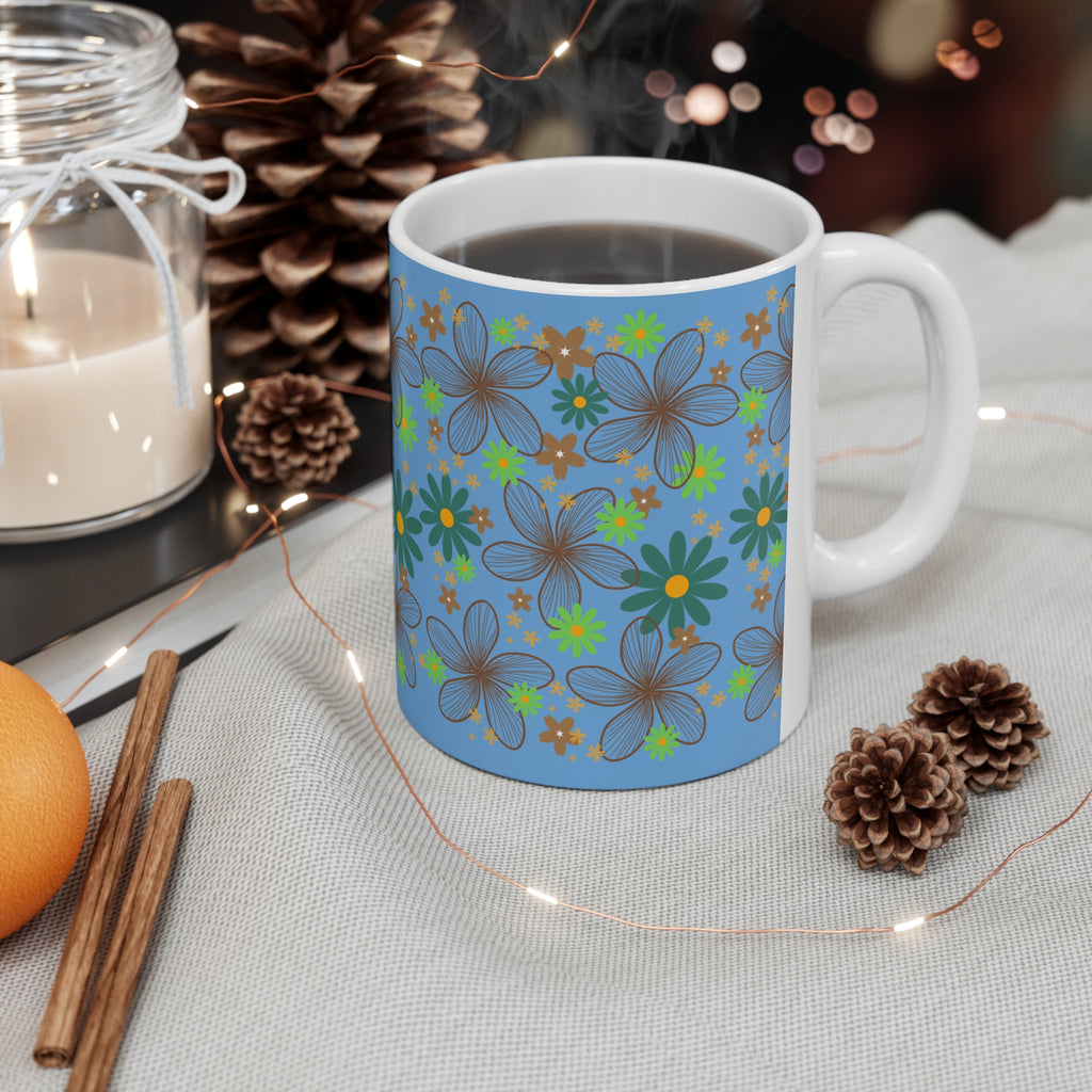 Blue Floral Ceramic Coffee Mug — Retro Daisy Pattern, 11oz & 15oz