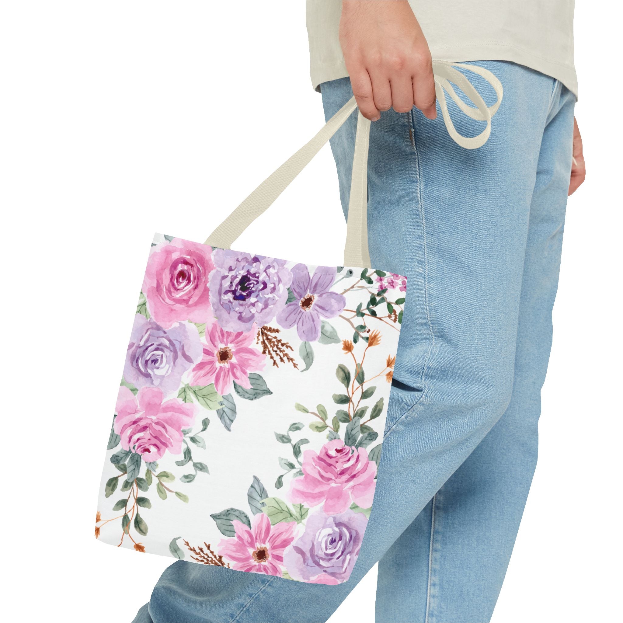 Floral Watercolor Tote Bag — Pink & Lavender Roses All-Over Print