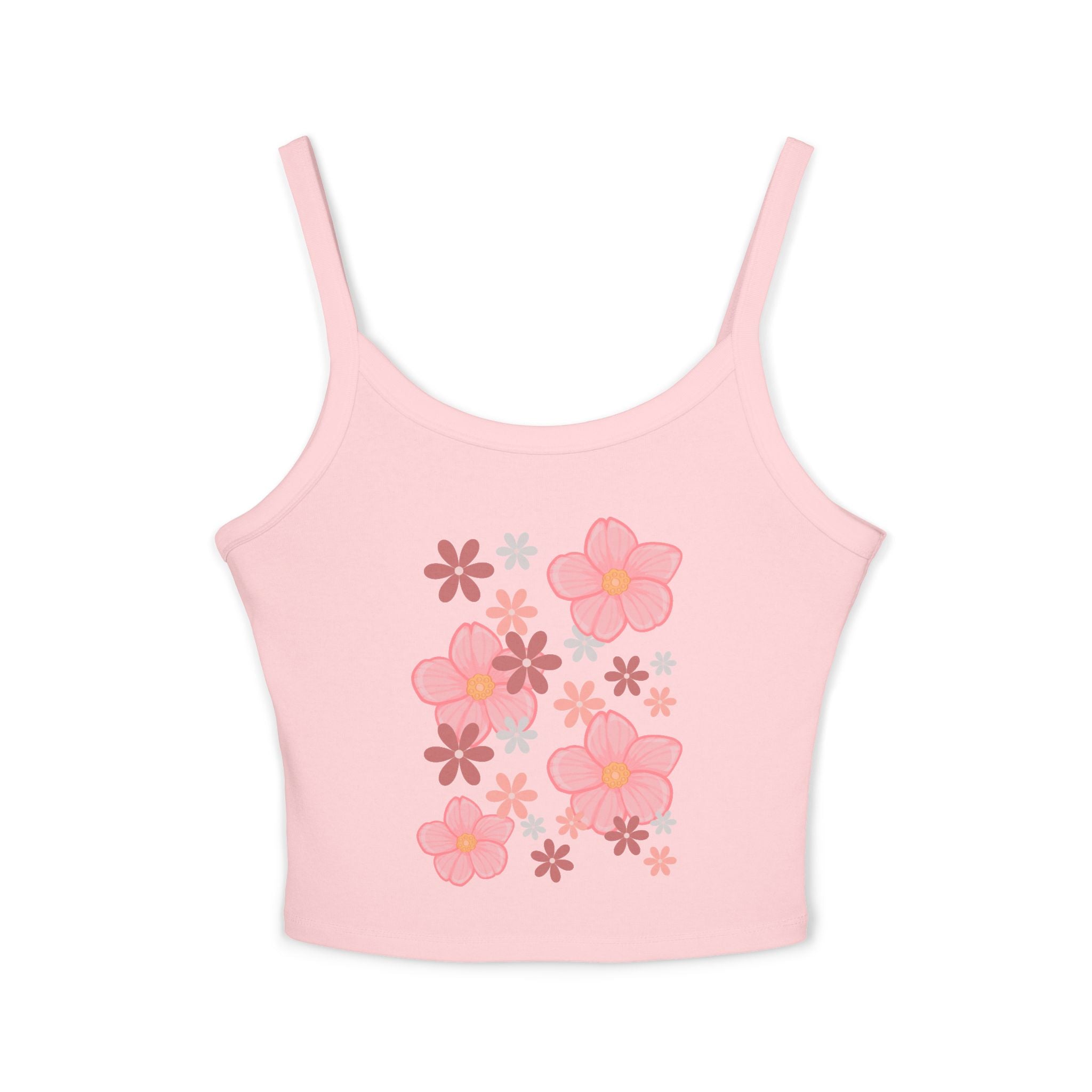 Floral Bloom Spaghetti Strap Tank — Pink Retro Flower Graphic