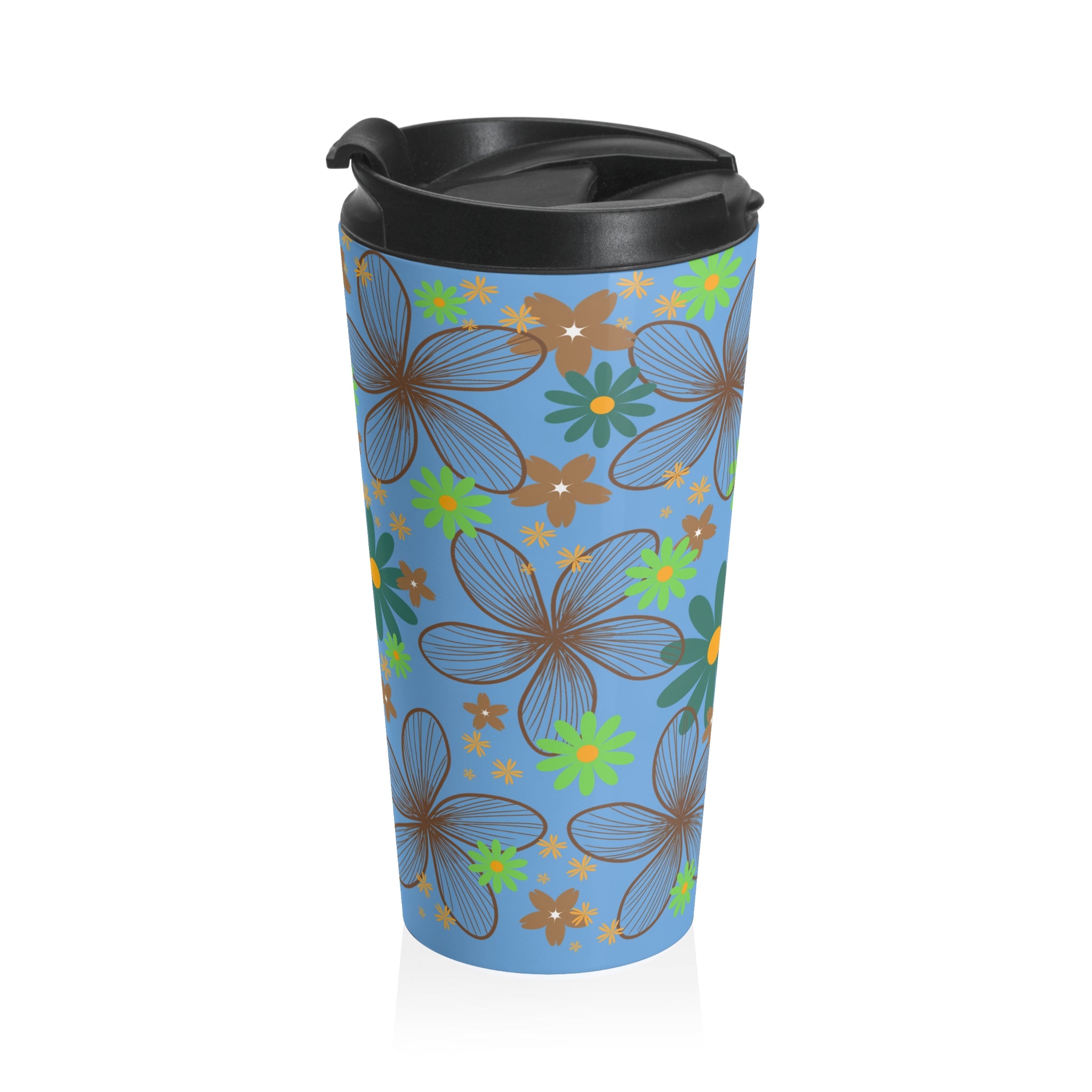 Floral Breeze Stainless Steel Travel Mug — Blue Vintage Flower Pattern