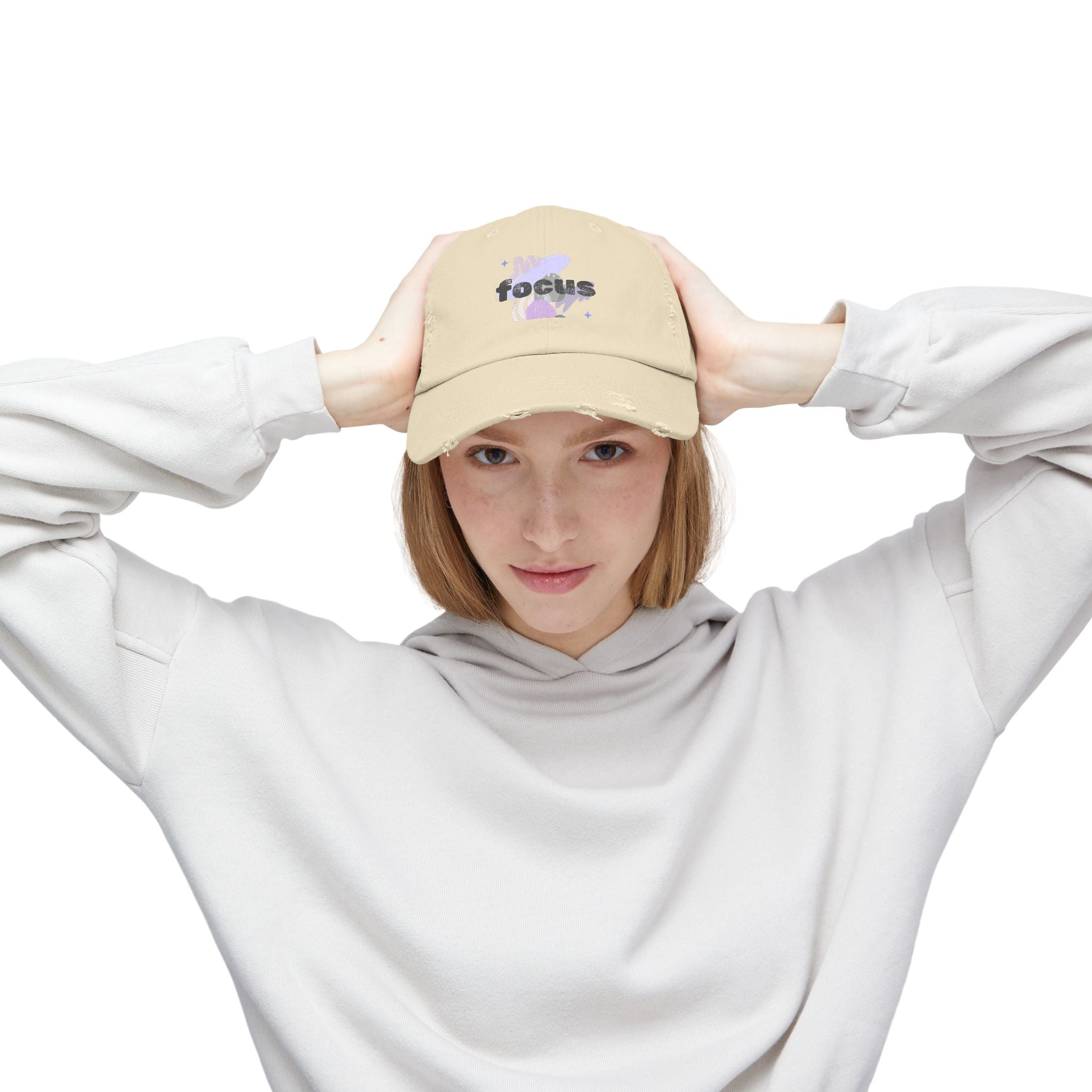 Focus Distressed Cap — Retro Pastel Graphic Baseball Hat